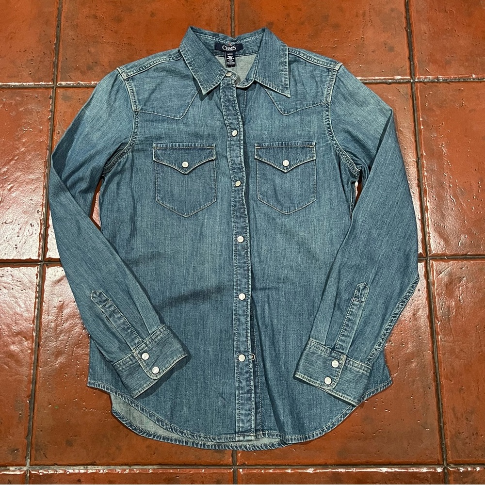 New Women’s Chaps Denim Blue Pearl Snap Button Western Shirt Retro Classic Top S